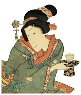 ukiyo-e woodblock print:  traditional tea ceremony in kimono by master Utagawa Toyokuni