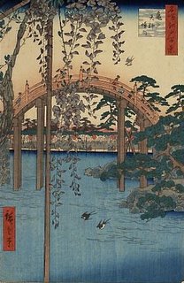 Kamedo Tenjin Shrine: drum bridge in the garden, Hiroshige ukiyo-e Kamedo Tenjin Shrine: drum bridge in the garden, Hiroshige ukiyo-e