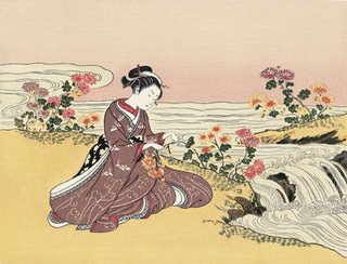 Harunobu Suzuki, A Girl Collecting Chrysanthemum Dew by the Stream Harunobu Suzuki, A Girl Collecting Chrysanthemum Dew by the Stream